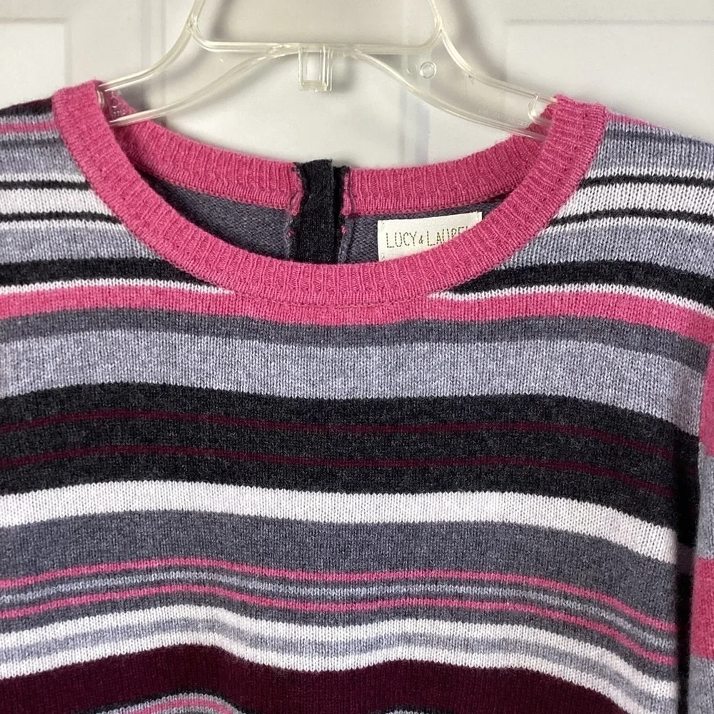 Lucy & Laurel NWT Merino Wool Pullover Sweater pink gray striped button back L